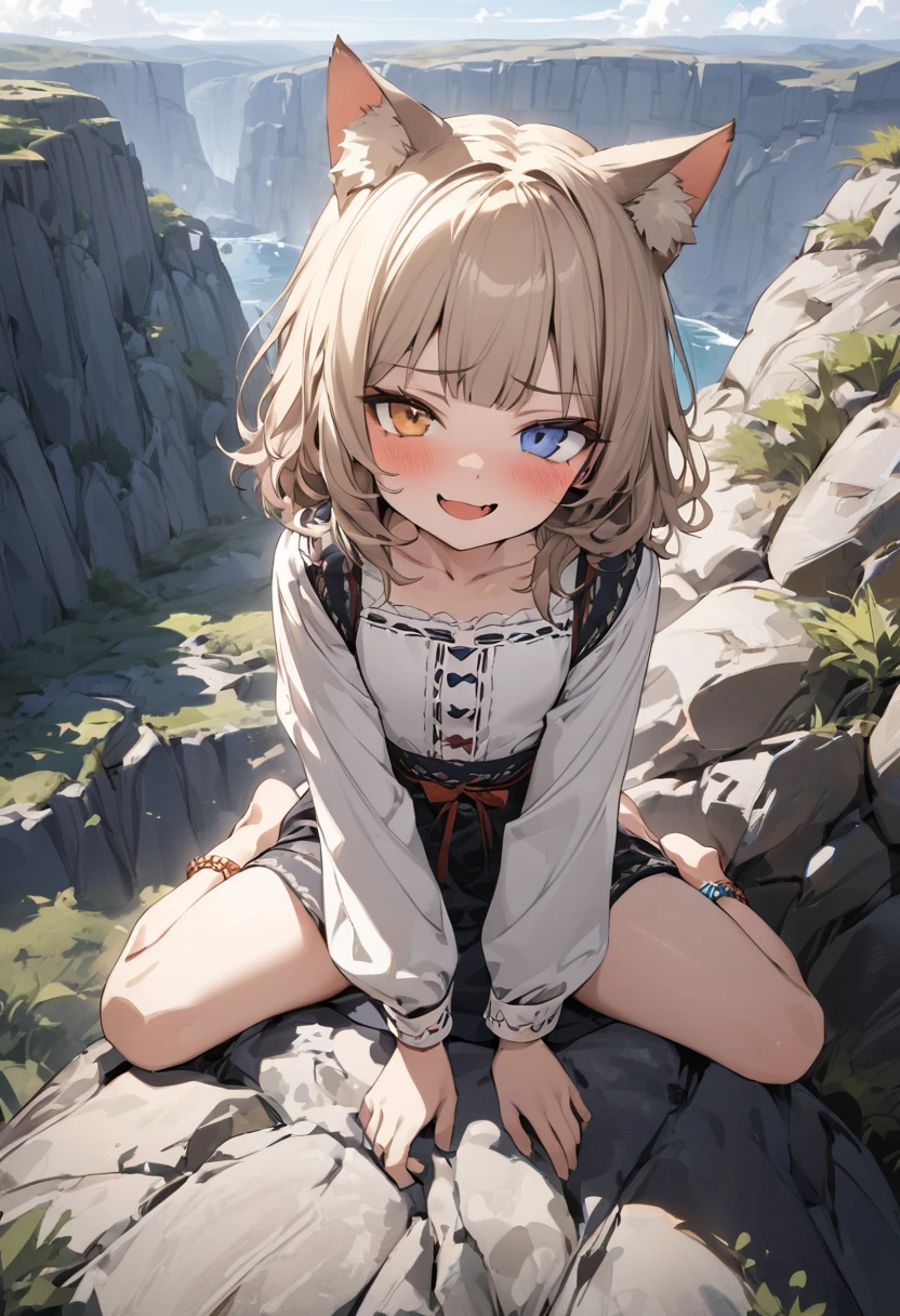 heterochromia, ((Masterpiece)), ((best quality)), (Anime:1.3), (super detail:1.2), (High Definition:1.3), (Professional Photography:1.3), (wide shot), (very aesthetic:1.2), (absurdres:1.2), (sharp focus), (perfect light), (()), Textured skin, cinematic lighting, from above, Textured skin, Cute teenage small breast, open mouth, ((trival anklets)), loose blunt bangs, (messy medium hair), blush and smug, cute makeup, ((wearing Norwegian Folk Costume)), bare foot, (Healthy body), slender body, (put on cat ears), pale brown hair, (slightly Spread legs apart),BREAK, ((best quality)), (very aesthetic:1.2), (absurdres:1.2), ((summer day)), sitting on the cliff tip, (Landscape below the deep cliff),