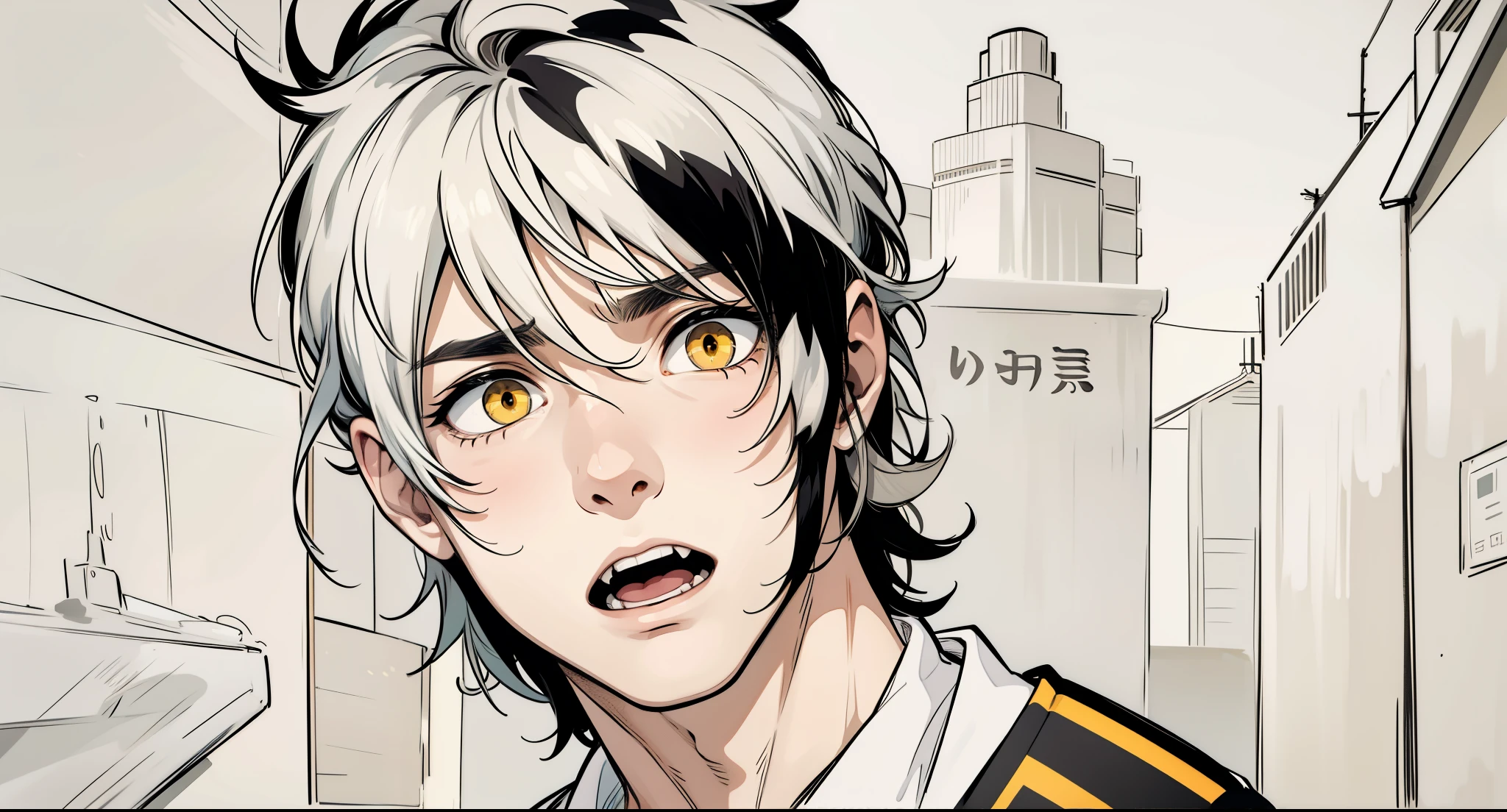He is very scared His face is scared He is very worried, black hair yellow eyes