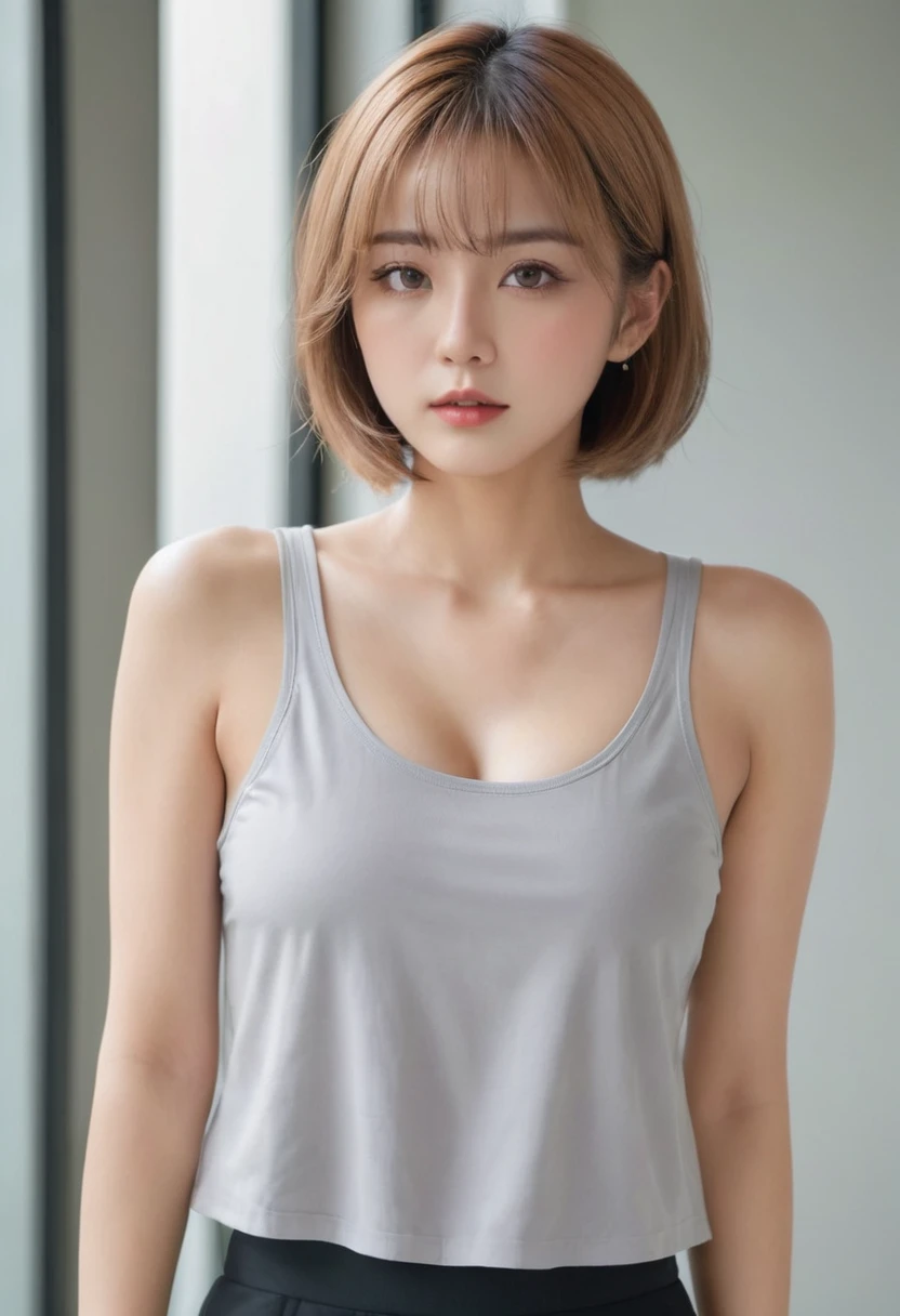 ((Highest quality, 8K, masterpiece:1.3)), sharp:1.2, Beautiful woman with perfect figure:1.4, Slim Abs:1.2, ((Layered Hairstyles, Huge boobs:1.8)), (Wet white buttoned long shirt:1.1),Highly detailed face and skin texture,Detailed eyes,double eyelid,Glancing sideways at the camera,Blonde、Bobcut、Bob Hair、Light brown eyes、Japanese、Gal、Grey tank top shirt、Gym、
