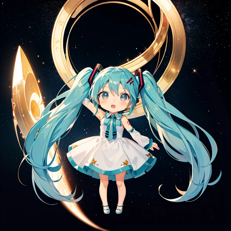 Night Sky, stardust, hatsune miku, (chibi:1.5), full body, (masterpiece), highest quality