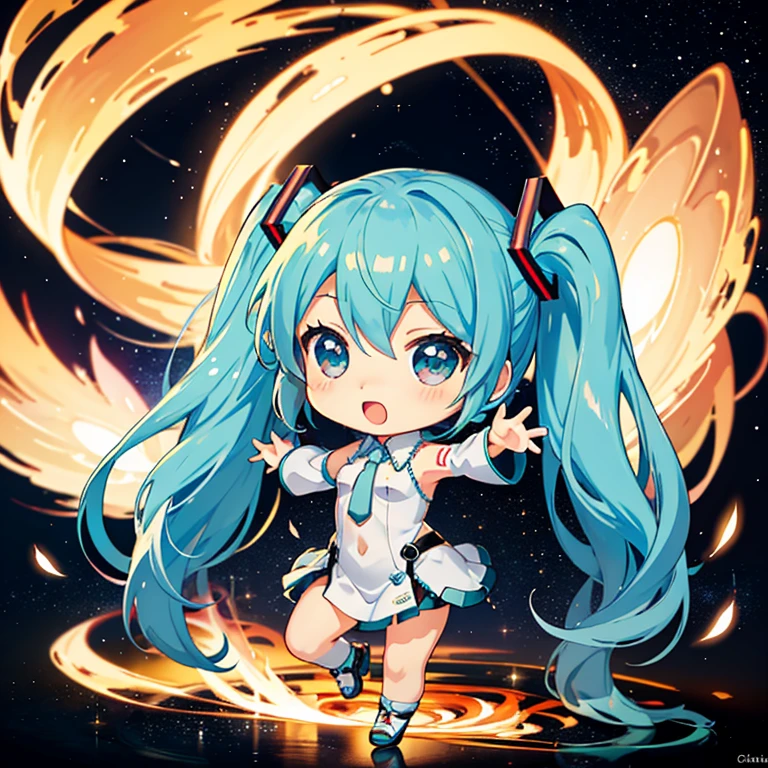 Night Sky, stardust, hatsune miku, (chibi:1.5), full body, (masterpiece), highest quality