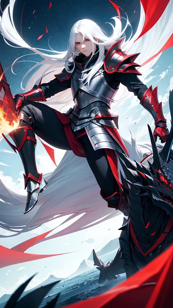 young man with long hair,white hair,red eyes,(oval face) Cold person (Triangular shaped head)Wearing full knight armor and riding a black dragon.