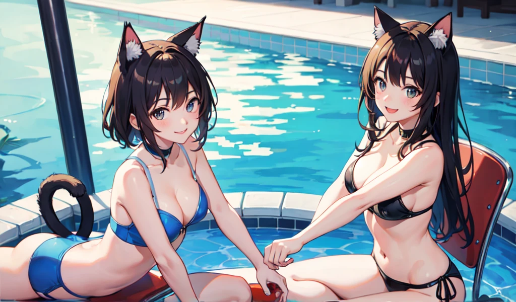 ((Highest quality)), ((masterpiece)), (detailed), A cute cat-eared girl, Poolside,Giddy Smile,Sunlight,Stretching,Straddling a chair,Seductive pose