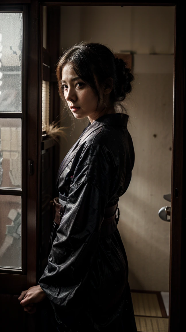 Midnight in a dark Japanese-style room with the sliding doors slightly open。Please create an image of a creepy ghost of a woman wearing a kimono seen from inside the room through the gap in the sliding door.。The woman is pale and has an eerie look.、Make sure the eyes are bright or reflecting a cold light.。The background is a dimly lit Japanese-style room in the middle of the night.。With a narrow gap、Emphasize the feeling of being watched from the dark。

