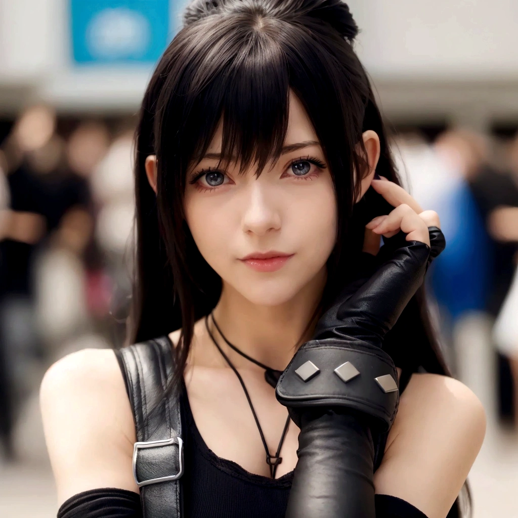 There is a woman wearing a black top and gloves., Anime Girls Cosplay, Tifa lockheart, Tifa, Tifa lockhart, Anime Girls in real life, anime Cosplay, seductive Tifa lockhart portrait, glamorous Tifa lockheart, portrait of Tifa lockhart, Tifa lockhart portrait, attractive Anime Girls, Perfect android girl, Cosplayer, Cosplay, Anime Girls