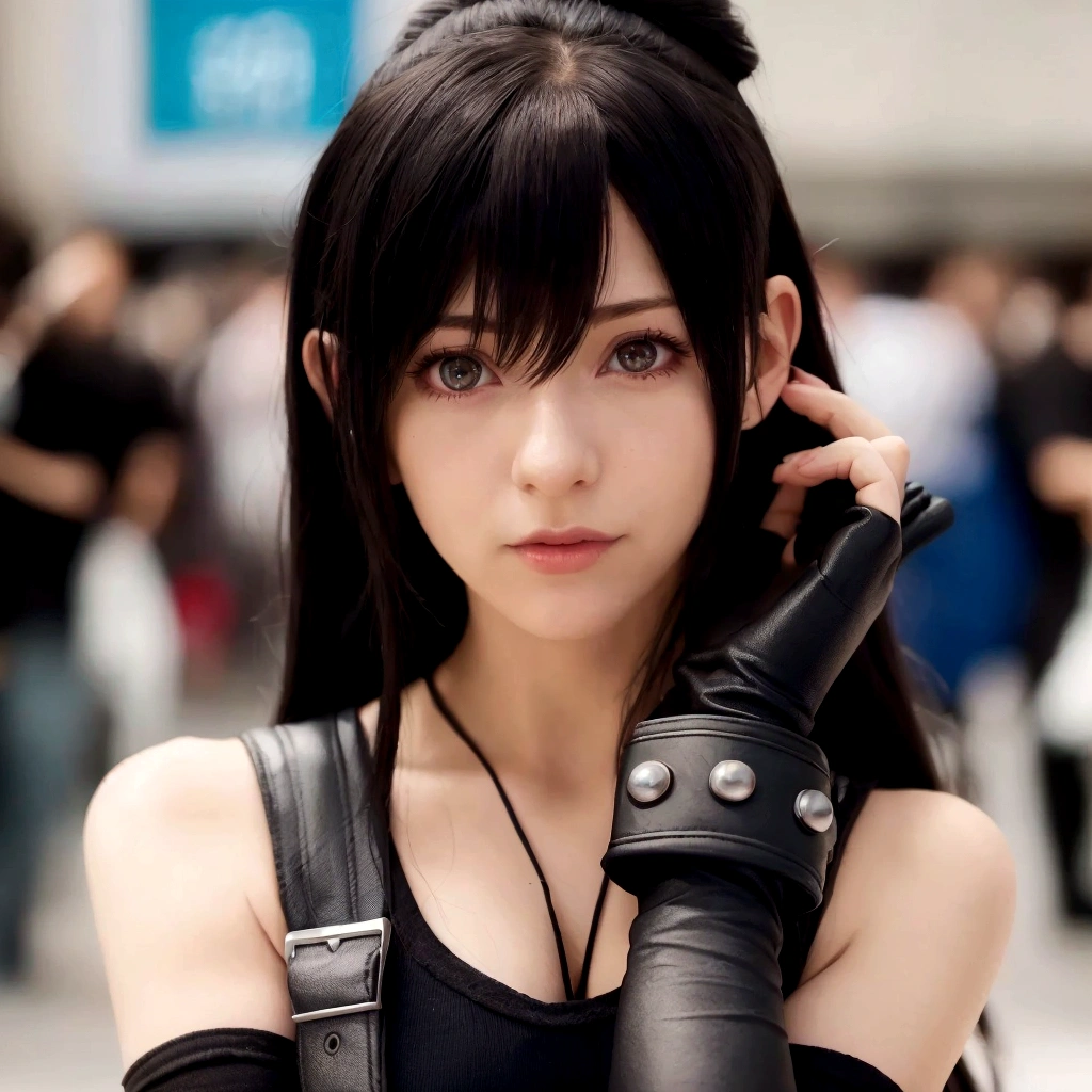 There is a woman wearing a black top and gloves., Anime Girls Cosplay, Tifa lockheart, Tifa, Tifa lockhart, Anime Girls in real life, anime Cosplay, seductive Tifa lockhart portrait, glamorous Tifa lockheart, portrait of Tifa lockhart, Tifa lockhart portrait, attractive Anime Girls, Perfect android girl, Cosplayer, Cosplay, Anime Girls