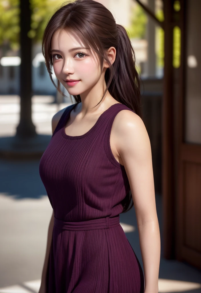 8K, of the highest quality, masutepiece:1.2), (Realistic, Photorealsitic:1.37), of the highest quality, masutepiece, Beautiful young woman, Pensive expression, kindly smile, Cute dress, Hair tied back, Messy mood, Cinematic background, Light skin tone