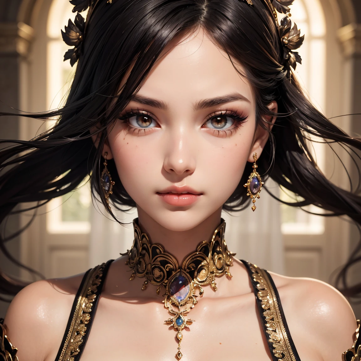 (Masterpiece, Best Quality), Illustration, Ultra-detailed, finely detail, Hight resolution, 8K Wallpaper, Perfect dynamic composition, cinematic lighting, portrait, looking at viewer, Beautiful detailed eyes, Sexy face, Perfect beautiful hands, Raw real photos, beautiful realistic face, beautiful face, perfect face, highly detailed beautiful face and eyes, attractive face, detailed face, delicate facial features, detailed skin, shiny skin, perfect anatomy, highly detailed background, elaborately designed, fine cloth texture, BREAK, (perfect make-up, eyeshadow, lash extensions, lips:1.4)