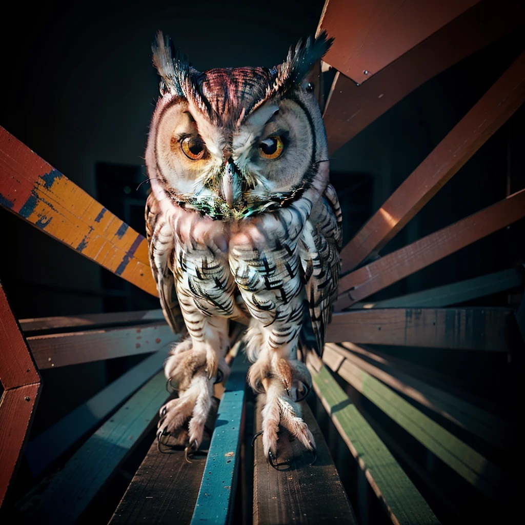 Colorful screech owl tattoo design, no background.