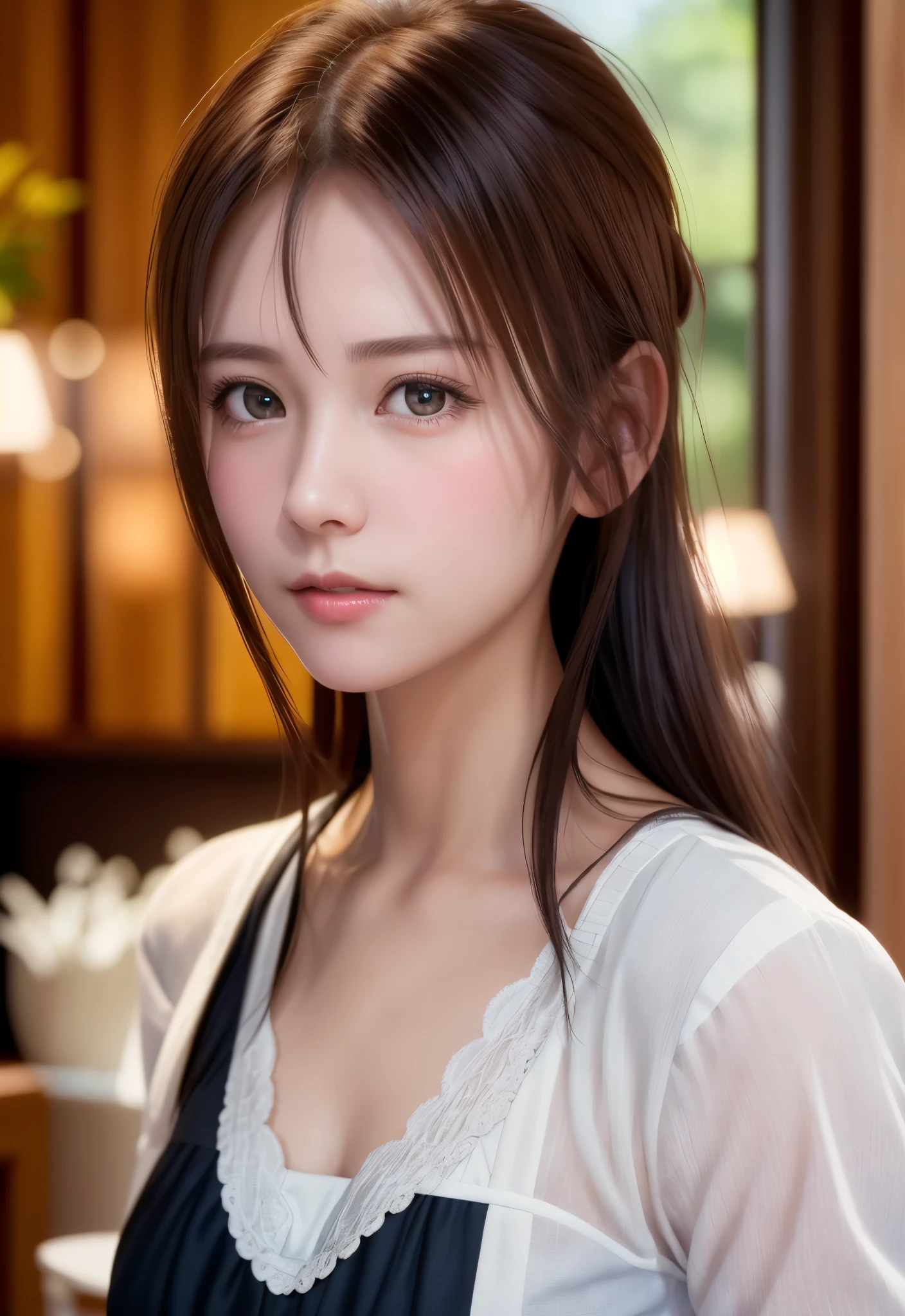 8K, of the highest quality, masutepiece:1.2), (Realistic, Photorealsitic:1.37), of the highest quality, masutepiece, Beautiful young woman, Pensive expression,、A charming、and an inviting look, Cute Maid Clothes, Hair tied back, Cinematic background, Light skin tone