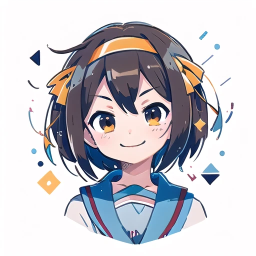 masterpiece, best quality, 1girl, haruhi Suzumiya, bright brown hair, smile face, white t-shirt, multicolored red-yellow-white background, butterfly