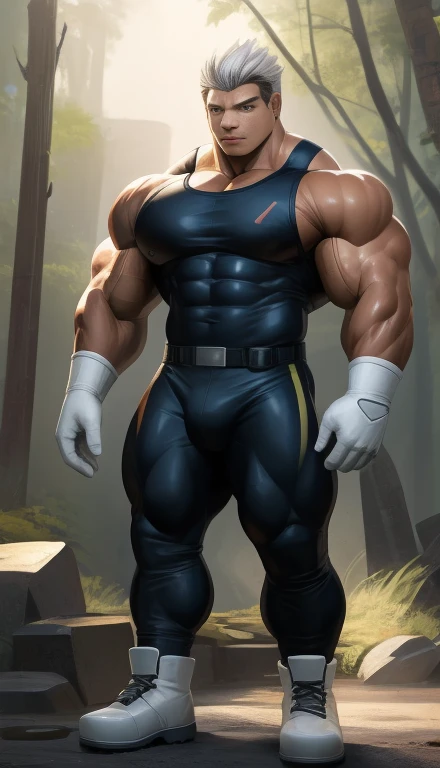 male, standing, full body. Mexican ethnicity. tanned skin, silver white hair, short hair bangs that fall on both sides of his youthful face. carefree expression, young man, alone, marked muscles, beautiful musculature, aesthetic stretch marks, inspiring physique, slender muscles, square pecs, beautiful V-cone, excellent abs and torso, chiseled abs, pectorals chiseled, perfect massive muscles, inflated muscles, voluminous pectorals, massive muscular body, a huge gigantic chest with a narrow waist, huge shoulders, ridiculously well-shaped large pecs, eight chiseled abs, (very toned and huge) with his military haircut and voluminous neck, narrow waist, golden eyes, young face, beautiful, young. Teen muscular young bodybuilder with extraordinary and firm back, chiseled muscles, rhomboid muscles, latissimus dorsi. Gigachad. he wears a Use Vegeta's training suit. A tight one-piece suit from the neck to the ankles, black in color, the suit has no sleeves, it does not use a belt. The black shirt and pants are a single piece of clothing, the shirt has a U neck, has no sleeves and highlights his prominent abdominals and pectorals. (((Sleeveless shirt))) He doesn't wear a belt. His muscles stand out. He wears white gloves on his hands, and white boots.  Ruins of a Jedi temple with forest background. standing, full body. (((Back))) huge firm muscular thighs, round buttocks and round butt with back, huge ass ((firm buttocks)) with big booty. (((black clothes))) (((white gloves))) (((white boots))). (((Sleeveless shirt))),((by takahirosi)).