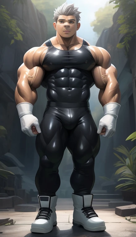 male, standing, full body. Mexican ethnicity. tanned skin, silver white hair, short hair bangs that fall on both sides of his youthful face. carefree expression, young man, alone, marked muscles, beautiful musculature, aesthetic stretch marks, inspiring physique, slender muscles, square pecs, beautiful V-cone, excellent abs and torso, chiseled abs, pectorals chiseled, perfect massive muscles, inflated muscles, voluminous pectorals, massive muscular body, a huge gigantic chest with a narrow waist, huge shoulders, ridiculously well-shaped large pecs, eight chiseled abs, (very toned and huge) with his military haircut and voluminous neck, narrow waist, golden eyes, young face, beautiful, young. muscular young bodybuilder with extraordinary and firm back, chiseled muscles, rhomboid muscles, latissimus dorsi. Gigachad. he wears a Use Vegeta's training suit. A tight one-piece suit from the neck to the ankles, black in color, the suit has no sleeves, it does not use a belt. The black shirt and pants are a single piece of clothing, the shirt has a U neck, has no sleeves and highlights his prominent abdominals and pectorals. (((Sleeveless shirt))) He doesn't wear a belt. His muscles stand out. He wears white gloves on his hands, and white boots. Ruins of a Jedi temple with forest background. standing, full body. (((Back))) huge firm muscular thighs, round buttocks and round butt with back, huge ass ((firm buttocks)) with big booty. (((black clothes))) (((white gloves))) (((white boots))). (((Sleeveless shirt))),((by takahirosi)).