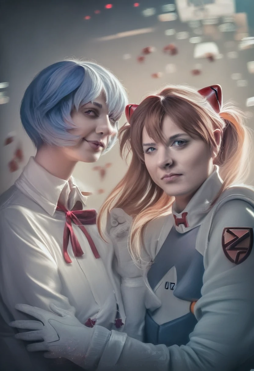 a beautiful detailed girl, Rei Ayanami from Evangelion hugging Asuka Langley from Evangelion, duo, highly detailed anime style, intricate details, masterful lighting, vibrant colors, striking poses, dynamic composition, emotional expression, soft lighting, warm color palette, cinematic atmosphere, (best quality,4k,8k,highres,masterpiece:1.2),ultra-detailed,(realistic,photorealistic,photo-realistic:1.37)