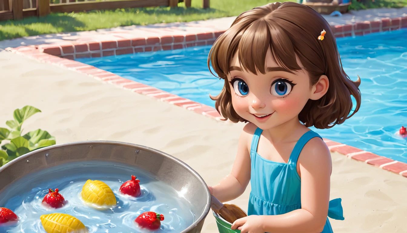 little girl,Brown hair,My Summer Break This summer was awesome! I went to the beach and built sandcastles. We camped in the mountains, saw trees and heard birds. I visited my grandma's farm, fed chickens, and pet baby animals. At a water park, I splashed in the pool. I had a barbecue with neighbors and played games. I had the best summer ever!