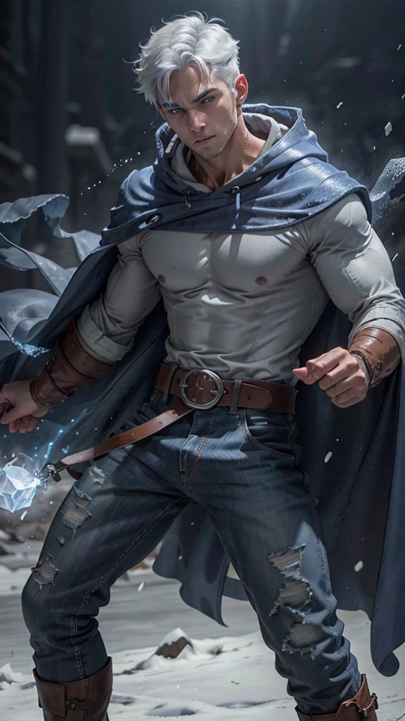 Design 1 male mage throwing an ice beam. Young man in ice hooded cape.Light gray hair Gray eyes Wearing a white button-down shirt Wearing jeans with a raised crotch. Wearing a brown belt Wearing short brown boots Wearing blue gloves on her hands. epic.cinematic. 8K. ultra HD. 