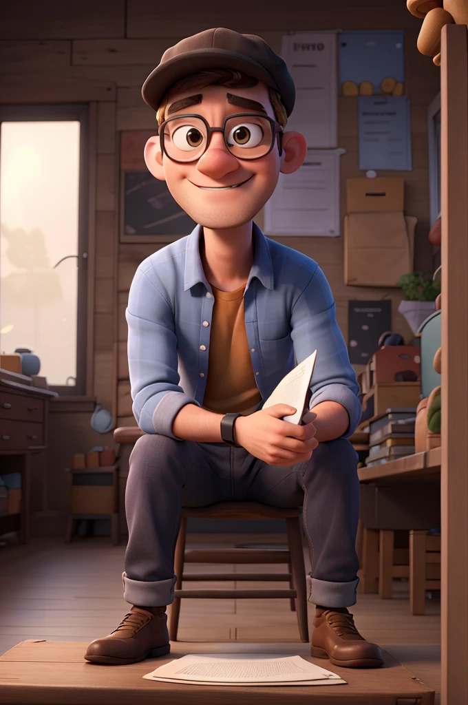 a man with sunglasses and a cap sit on a chair holding a script in pixar style