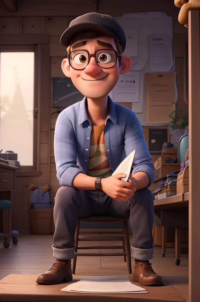a man with sunglasses and a cap sit on a chair holding a script in pixar style