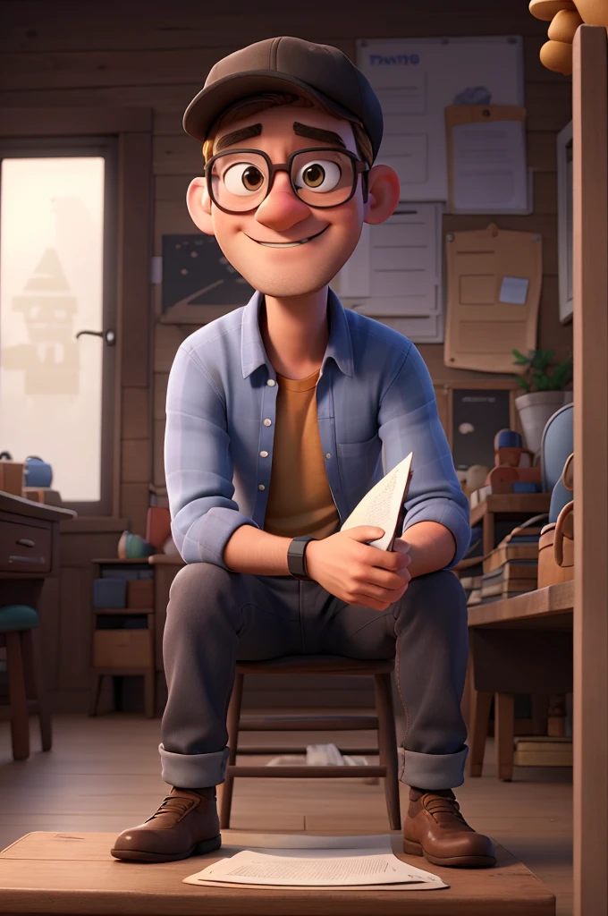 a man with sunglasses and a cap sit on a chair holding a script in pixar style