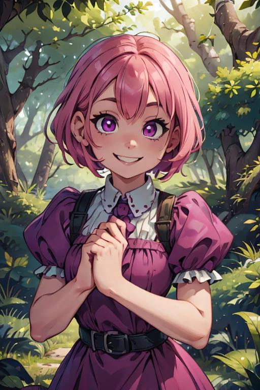 perfect face, perfect hands. A pink haired girl with violet eyes in a Gothic dress is smiling in a creepy forest with a big smile