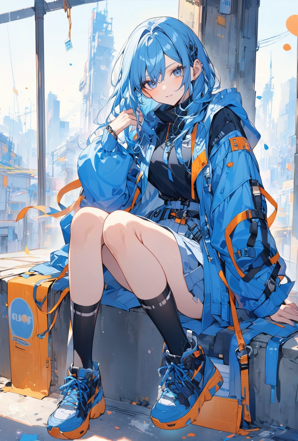 A woman wearing cool blue clothes
