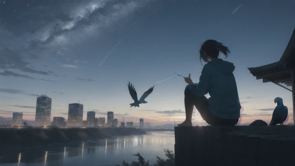 真っ暗なnight空,Octane, star (null), scenery, Blue parakeet,The acoustic guitar is in front of the body.,star, night, One Girl, Back view, alone, Outdoor, city,river,Blue parakeet,building, cloud, 天のriver, Sitting,silhouette