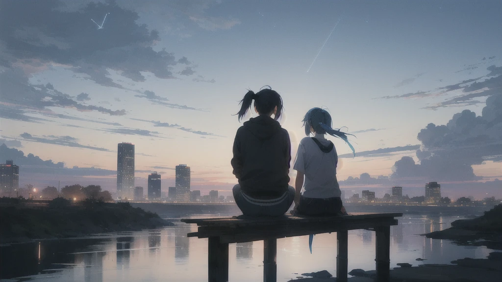 真っ暗なnight空,Octane, star (null), scenery, Blue parakeet,The acoustic guitar is in front of the body.,star, night, One Girl, Back view, alone, Outdoor, city,river,Blue parakeet,building, cloud, 天のriver, Sitting,silhouette