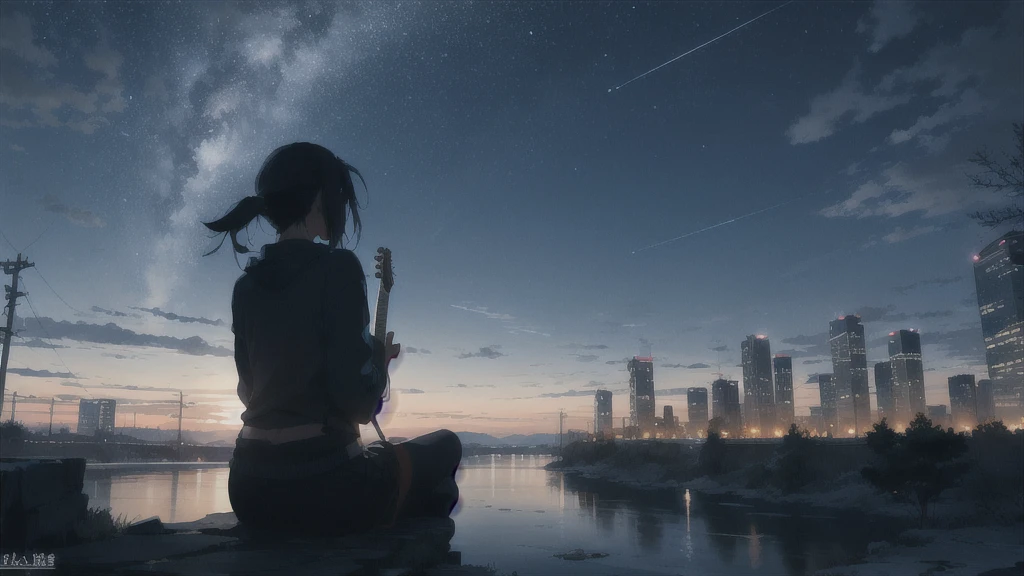 真っ暗なnight空,Octane, star (null), scenery, Blue parakeet,The acoustic guitar is in front of the body.,star, night, One Girl, Back view, alone, Outdoor, city,river,Blue parakeet,building, cloud, 天のriver, Sitting,silhouette
