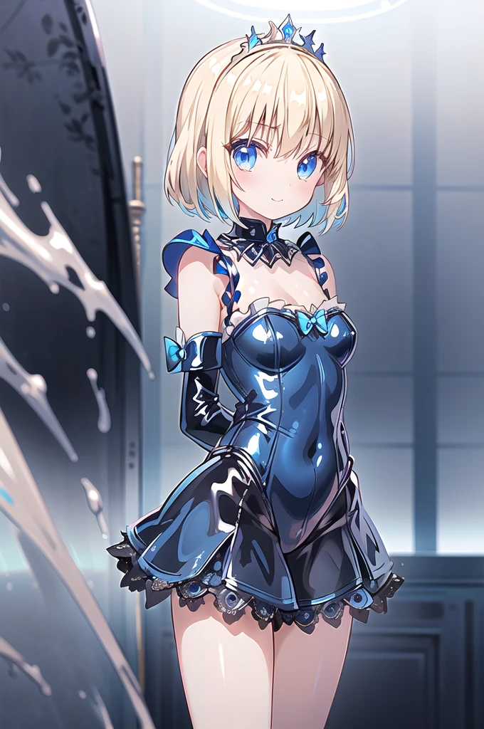 1girl,solo,(standard height),cowboy shot,standing,(blonde hair:1.2),short hair,(blue eyes:1.2),(beautiful fingers:1.4),(perfect anatomy:1.4),(arms_behind_back:1.6),(cold_shoulder:1.2),(blue leather lace glossy silk lamé leotard:1.6),(latex luster shiny glossy metallic:1.6),(shiny_clothes:1.6),medium breasts,beautiful breasts,(masterpiece),best quality,(Ultra high definition eyes:1.2),8k,(Beautiful detailed eyes:1.2),(Fine and beautiful eyes:1.2),(pretty eyes:1.2),finely detail,extremely CG, absurdres,high resolution,illustration,Detailed and beautiful outlines,finely detail,high resolution,(colorful refraction:1.4,Increase saturation:1.2),beautiful lighting,dynamic lighting,closed room,black background,simple background, smile,looking at viewer,animemia,blue dress,white dress,tiara,glove,(blue thigh boost:1.4)
