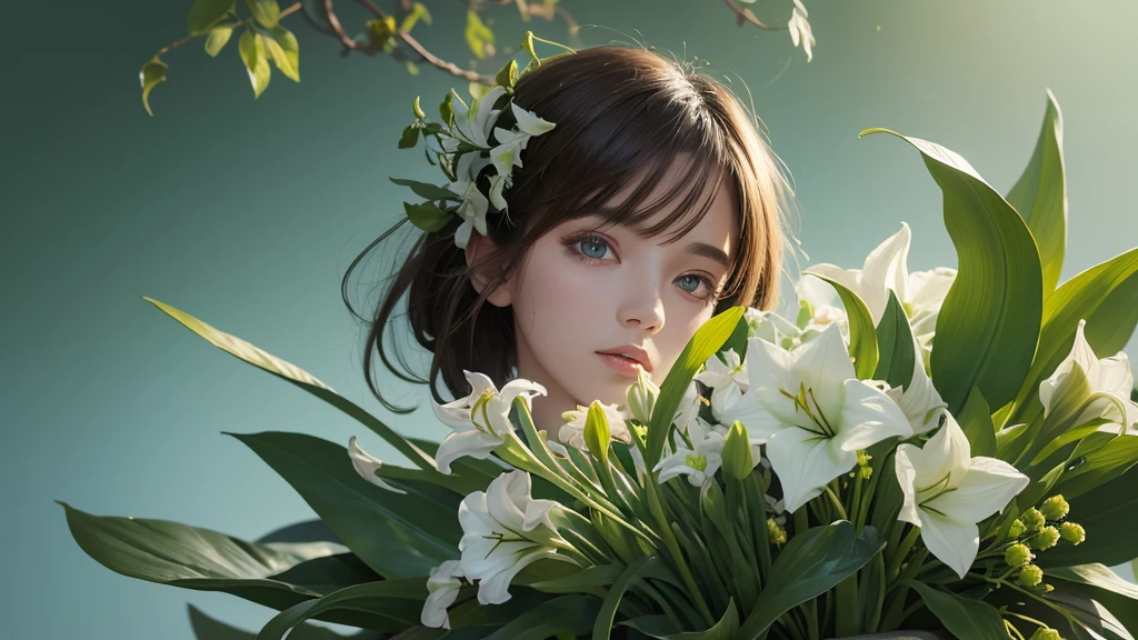 32k, Masterpiece, Highest quality, One girl, Brown Hair, Detailed eyes, flower,Amaryllis, Blue and green style,A dreamy, romantic piece,Pale green, Mysterious Leaves,A playful arrangement,Fantasy,High Contrast,Ink strokes,explosion,Exposure, Impression of blue and green tones,Abstract, Brush strokes,Negative Space, Tyndall effect, White background