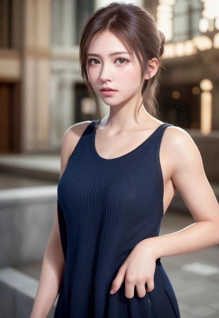 8K, of the highest quality, masutepiece:1.2), (Realistic, Photorealsitic:1.37), of the highest quality, masutepiece, Beautiful young woman, Pensive expression, Thoughtful look, Elegantly dressed, Hair tied back, Messy mood, Cinematic background, Tired, Light skin tone