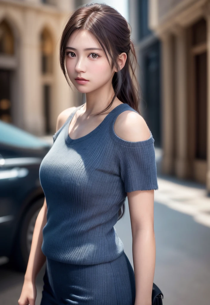 8K, of the highest quality, masutepiece:1.2), (Realistic, Photorealsitic:1.37), of the highest quality, masutepiece, Beautiful young woman, Pensive expression, Thoughtful look, Elegantly dressed, Hair tied back, Messy mood, Cinematic background, Tired, Light skin tone