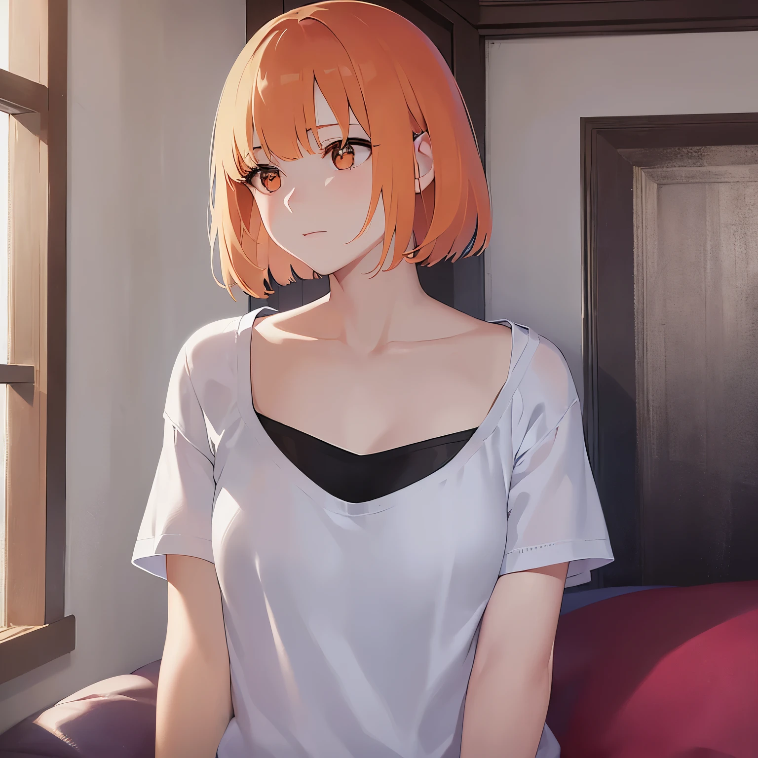 (looking away:1.5),Upper Body, Realistic, real person, (pale skin: 1.2), RAW photo, photorealistic, shiny skin, shiny hair、(A 25-year-old woman with a bob cut and bangs) and (orange hair) and (Orange Eyes) , Wearing a white V-neck T-shirt 、 worried, The background is the living room、Alone、Are standing