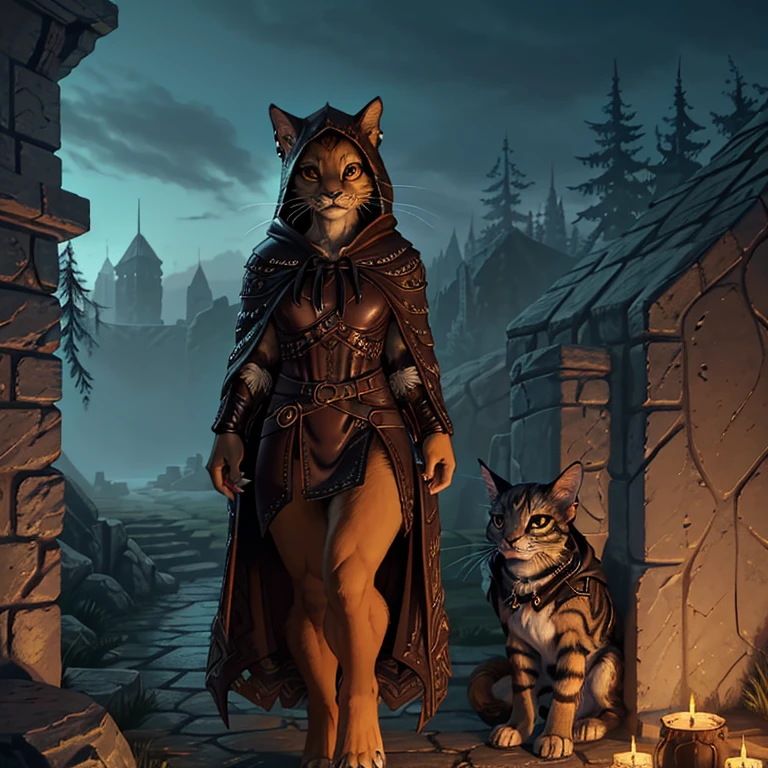 Masterpiece, best quality, high quality, hand drawn, detailed background, ancient Nordic ruins at dusk, twilight sky casting a mesmerizing glow, outdoor ambiance, female character standing on a stone platform, (lean and agile physique), (smooth golden fur with dark striped patterns), piercing amber eyes, ((pointed cat ears), ((whiskers that twitch as she looks around), (sharp claws on her hands and feet), she wears traditional Skyrim attire, (ornate leather armor with intricate engravings), (hooded cloak for stealth), (a bow strapped across her back), confident expression