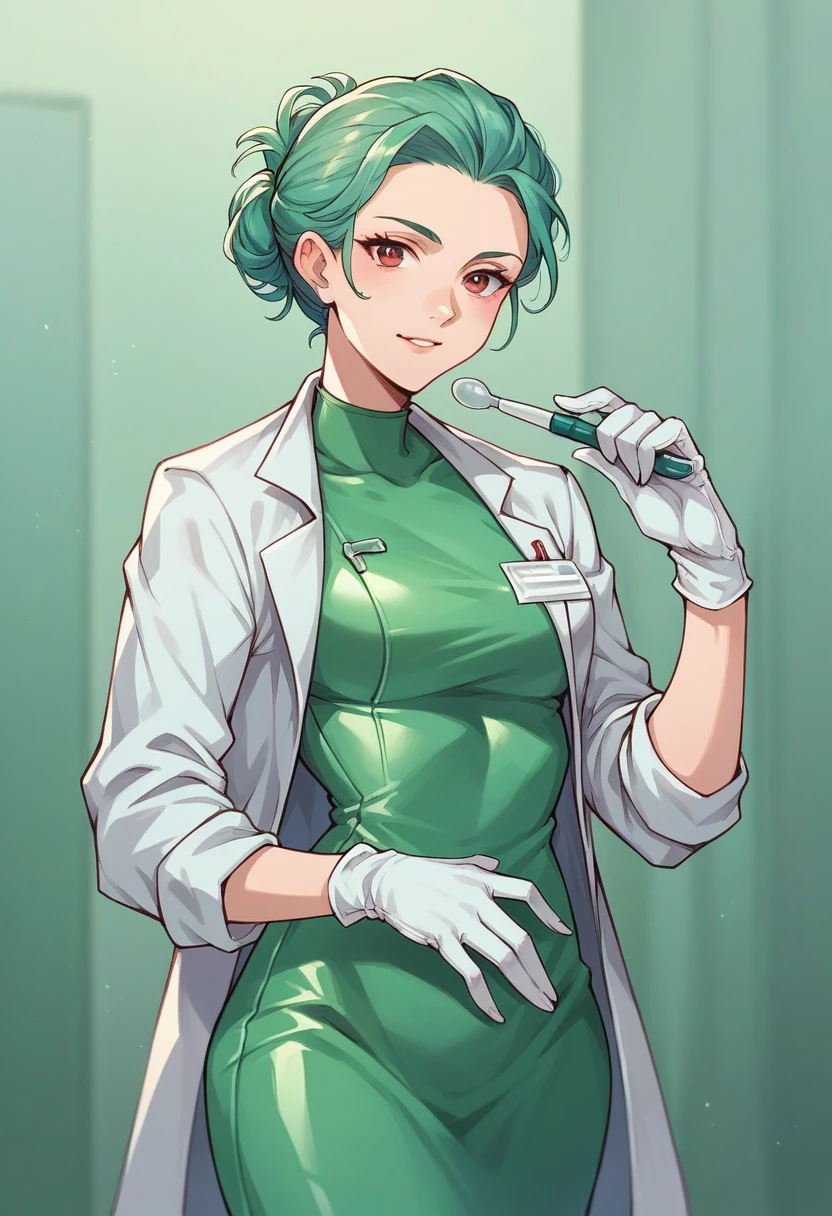1girl, ((white gloves)), ((surgical gloves)), ((latex gloves)), ((green surgeon outfit)), looking at viewer, ((doctor)), ((long sleeves)), standing, solo