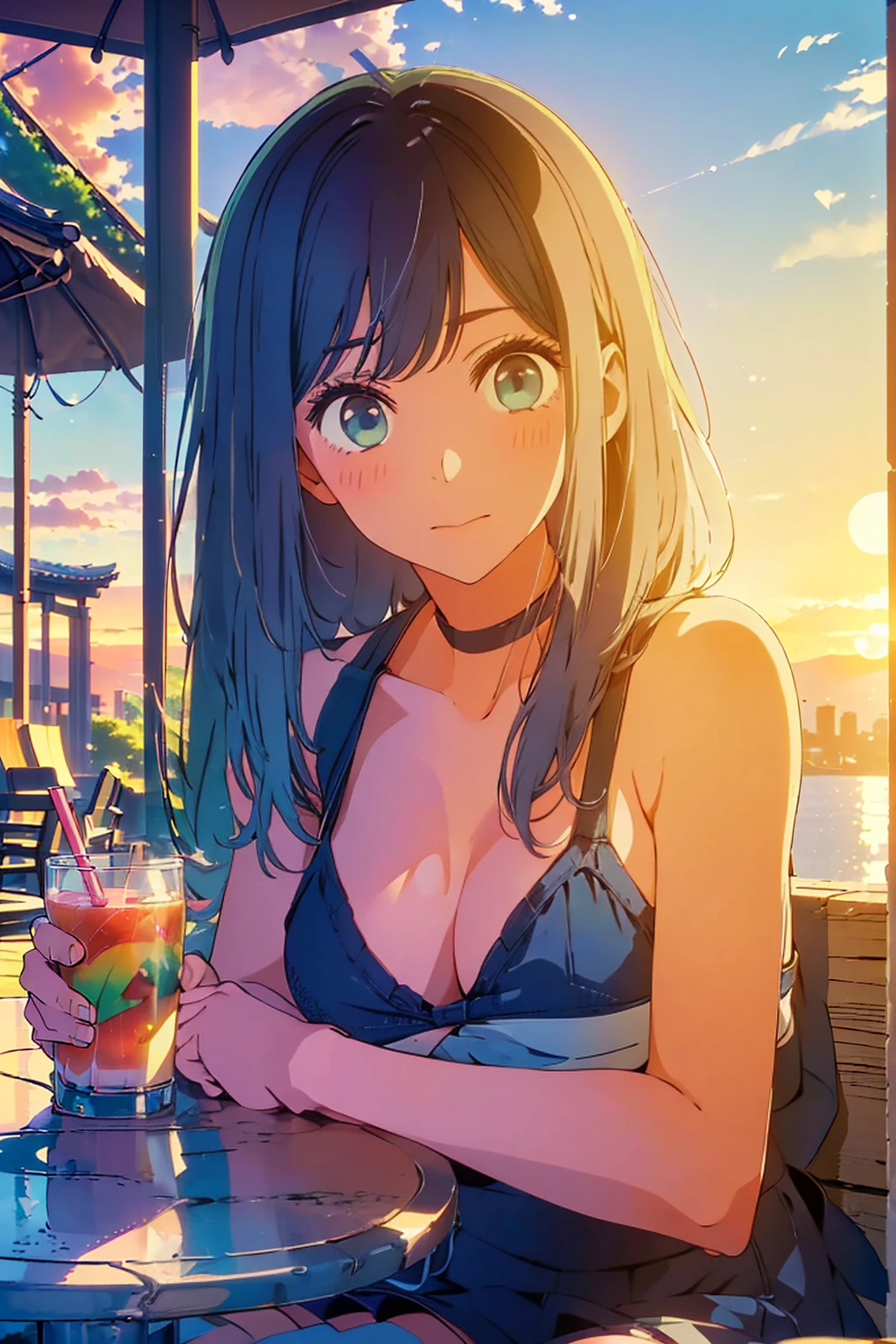 (Highest quality:1.4、masterpiece:1.4、Very detailed:1.4、8K:1.4)、F cup bust、Big Breasts、The body is slim、((((1 person、Surprised expression、sit、In the background you can see the urban buildings of Tokyo.、Looking into the camera、Outdoor cafe terrace、Sunset Beach、Navy hair color、Leaning against a wall、juice、table、sunset、Very cute face))))、((bikini size too small))、Big eyes、((((Shallow depth of field))))