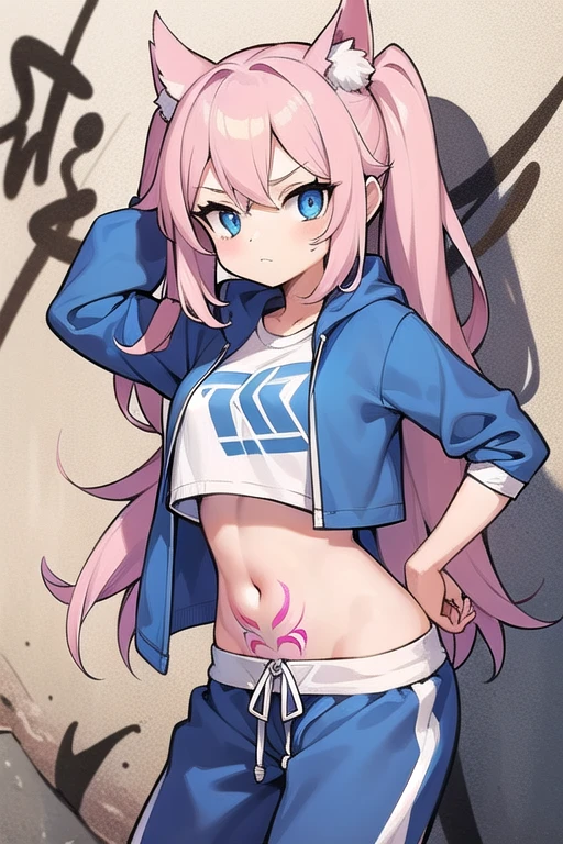 1 girl, busty change (crop top), light pink long wavy fur, Blue eyes, Graphic white t-shirt, oversized jogging pants, sport jacket, lean against the wall, alley, graffiti on the wall, Hip hop, hands behind the back, tattoo,perfect symmetrical face, dynamic pose, busty chibi,