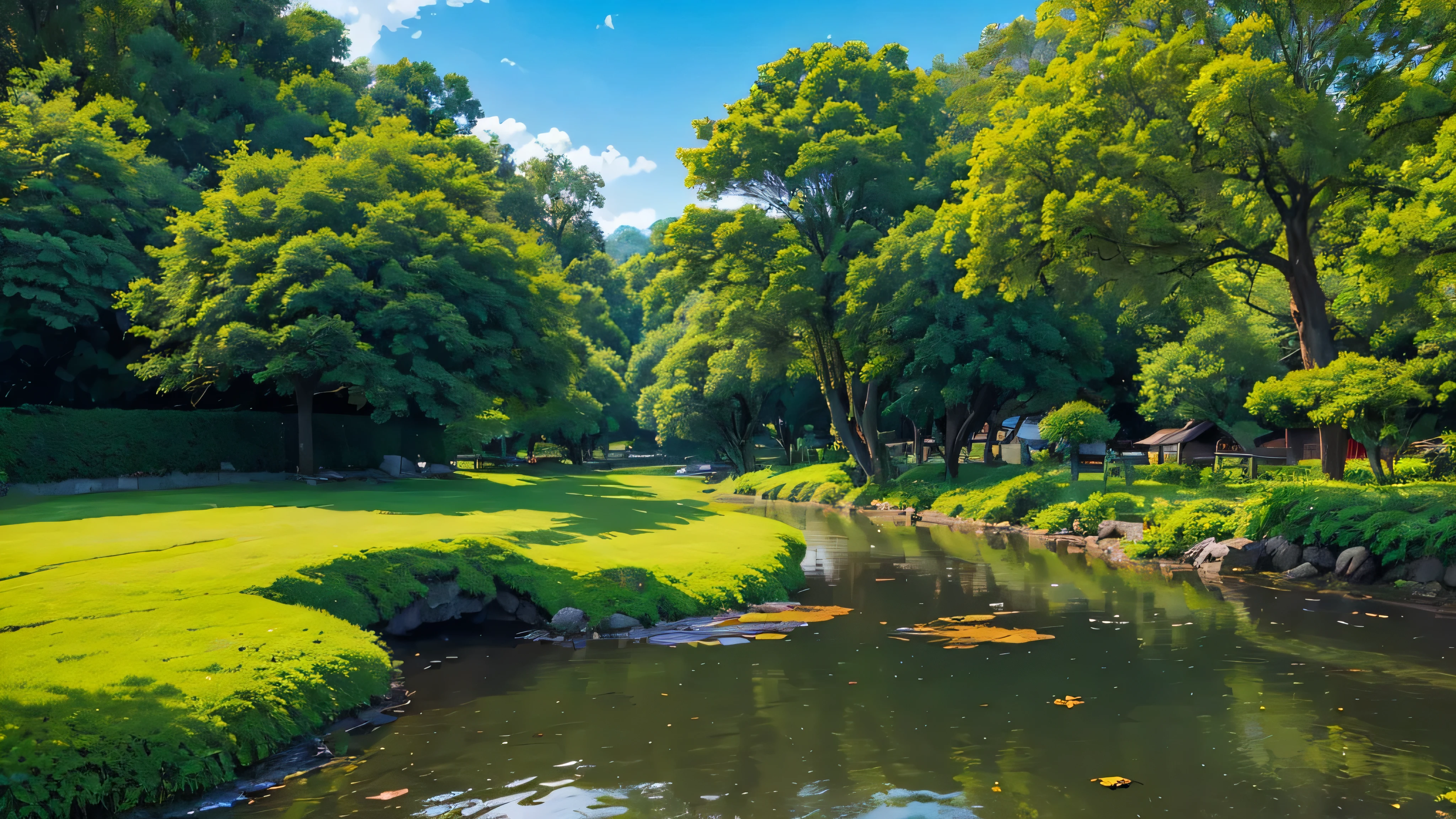 Create a high-quality anime-style image of a serene rural scene. The setting is a peaceful village with a sunny, clear blue sky adorned with fluffy white clouds. The foreground features a quaint yard with a yellow vintage Volkswagen van parked on a stone-paved driveway. The van is well-maintained, and its vibrant color contrasts beautifully with the green surroundings.

The yard is lush with greenery, including tall trees, bushes, and vibrant flowers, adding a touch of life and color to the scene. The red-tiled roofs of nearby houses peek through the foliage, giving a cozy and homely feel. Include details like a wooden fence, a small garden with various plants, and a few birds flying in the sky to enhance the tranquil atmosphere.

Ensure the overall mood of the image is calm and nostalgic, capturing the simplicity and beauty of rural life. Pay attention to the interplay of light and shadow, making the colors pop and adding depth to the scene.