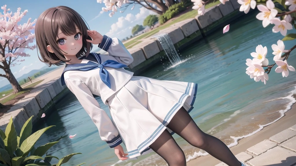 (masterpiece), Outdoor, cherry blossoms, petal, sunlight, lake, One Girl, blush, smile, Medium Hair, Sailor suit,Long skirt, Overgrown, petal, plant、Skirt lining、White slip、nostalgic、pantyhose(gray)、You can see the sea in the distance, Crotch close-up