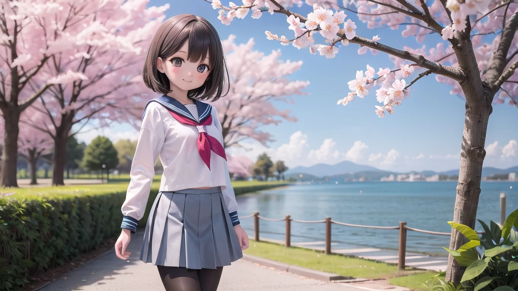 (masterpiece), Outdoor, cherry blossoms, petal, sunlight, lake, One Girl, blush, smile, Medium Hair, Sailor suit,Long skirt, Overgrown, petal, plant、Skirt lining、White slip、nostalgic、pantyhose(gray)、You can see the sea in the distance, Crotch close-up