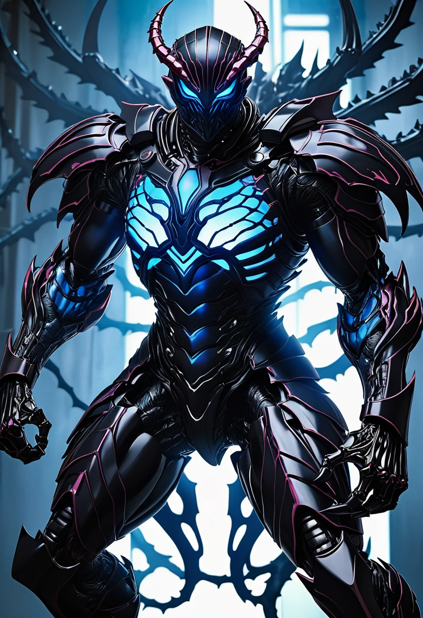 Kaiju No. 8, A striking anime illustration featuring Kafka Hibino in his kaiju form. The character is depicted in a powerful stance, with his entire body covered in a dark, armored exoskeleton. His skeletal face, with a sharp, menacing grin and piercing blue eyes, exudes an aura of intimidation. The armor on his body has glowing blue patterns that run across his chest, arms, and legs, highlighting his muscular physique and adding an otherworldly glow. His right fist is clenched, and his left hand is positioned over his chest, emphasizing his readiness for battle. The intricate details of his armor, including the segmented plates on his legs and the claw-like features on his feet, are clearly visible. The background is a simple white, putting full focus on Kafka's imposing figure and the luminous blue highlights of his kaiju transformation.