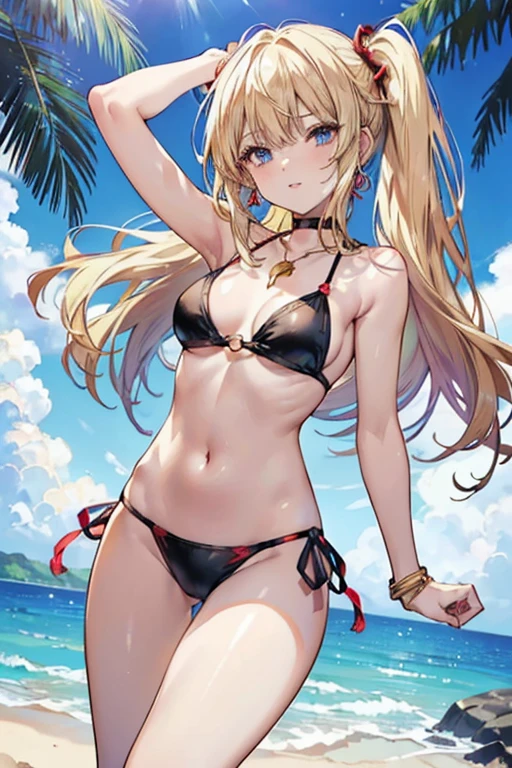 #Basics A girl is posing for a photo, animeのかわいい女の子, (((One Girl, Baby Face, Young girl, ))),
BREAK
#Clothing Accessories
((Shiny(red on black)bikini, Sandals with heels)),
Gold Hoop Earrings, Fancy Necklace, Gold bracelet decorated with blue gemstones,
BREAK
#Features
(Blonde:1.4), (Twin tails : Long Hair + Thin Hair + Hair blowing in the wind),
(Droopy eyes, blue eyes), (Small breasts),
BREAK
#background environment
((noon, Sunshine, blue sky, Tropical resort beach, Sandy Beach)),
#Facial Expression Pose
((A happy look, laughing), (Aggressive pose, Armpits are visible)),
#composition
((Face the camera, Angle from below, Cowboy Shot)),
BREAK
#Body parts elements
(Detailed hair, Beautiful Hair, Shiny髪),
(double eyelid, Long eyelashes),
(Expression of fine eyes, Beautiful and delicate eyes, Sparkling eyes, Eye Reflexes, Glitter Eyeliner),
(Human Ear),
(Beautiful Nose, Thin Nose),
(Glossy lips, Beautiful Lips, Thick lips, Shiny唇, Natural Cheeks),
(Detailed face, Symmetrical facial features),
(Detailed skin, Textured skin, Beautiful Skin, Shiny肌
BREAK
#Quality
(((Highest quality)), ((masterpiece)), ((Very detailed))), ((High resolution), (16K,1080P)),
(Realistic), (Anatomically correct),
((comics, anime)), (3DCG), CG illustration,