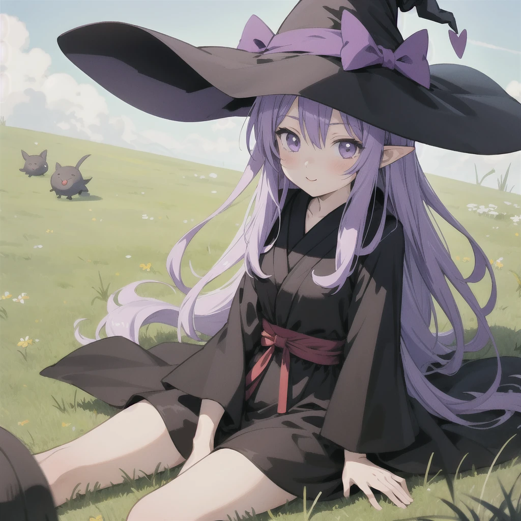anime girl long purple hair wearing a black Robe. she has pointy ears. Witch Hat. Manga kawaii. iridescent ,An illustration, 0ne person .Sitting in the grass, hair blowing in the wind