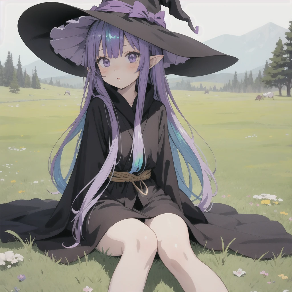 anime girl long purple hair wearing a black Robe. she has pointy ears. Witch Hat. Manga kawaii. iridescent ,An illustration, 0ne person .Sitting in the grass, hair blowing in the wind