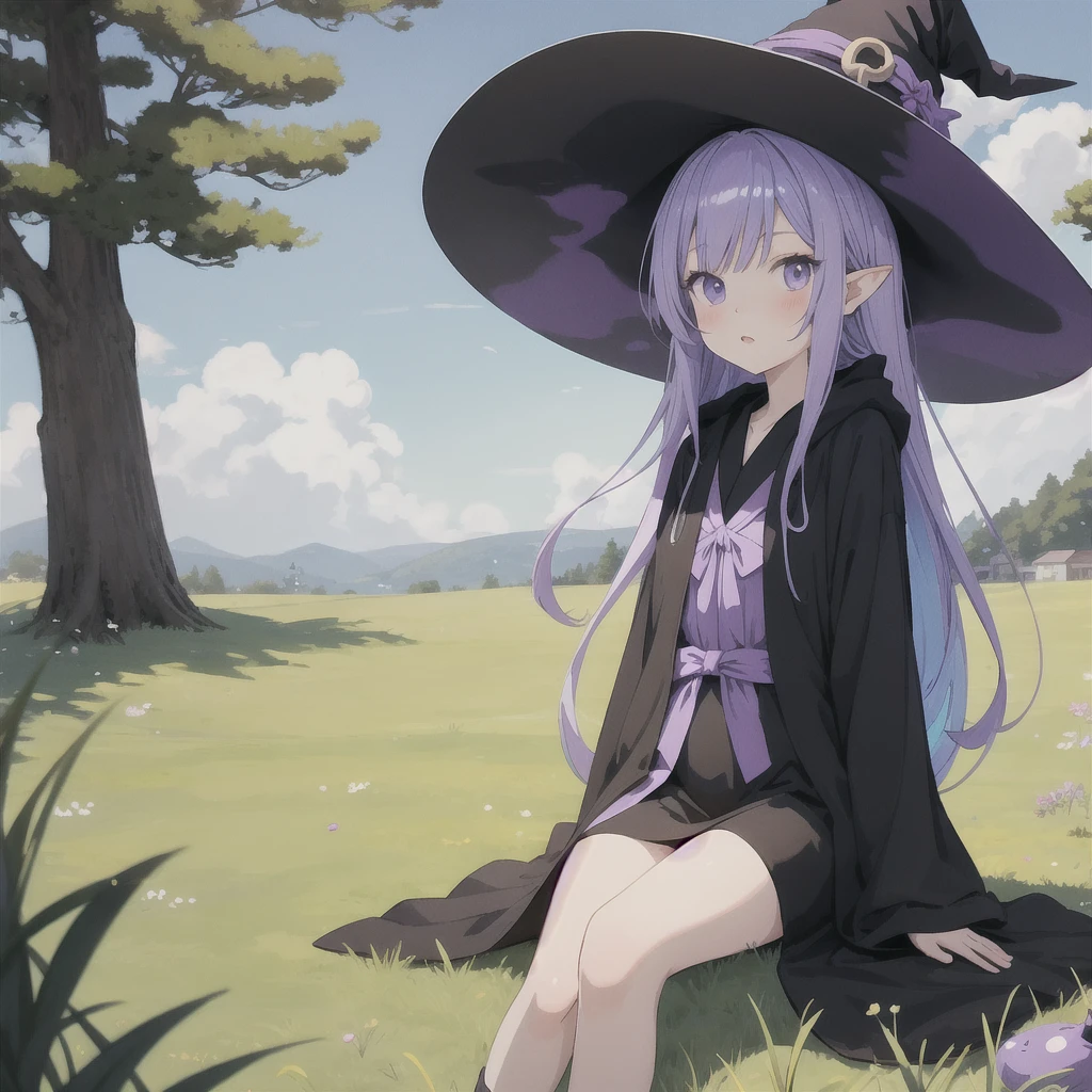 anime girl long purple hair wearing a black Robe. she has pointy ears. Witch Hat. Manga kawaii. iridescent ,An illustration, 0ne person .Sitting in the grass, hair blowing in the wind