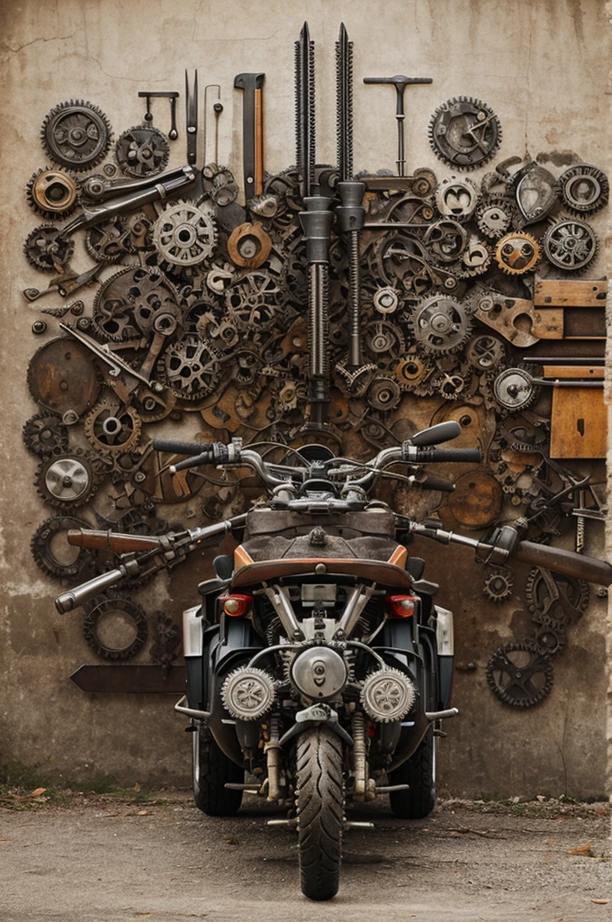 artful arrangement of gears and tools illustrating a motorcycle