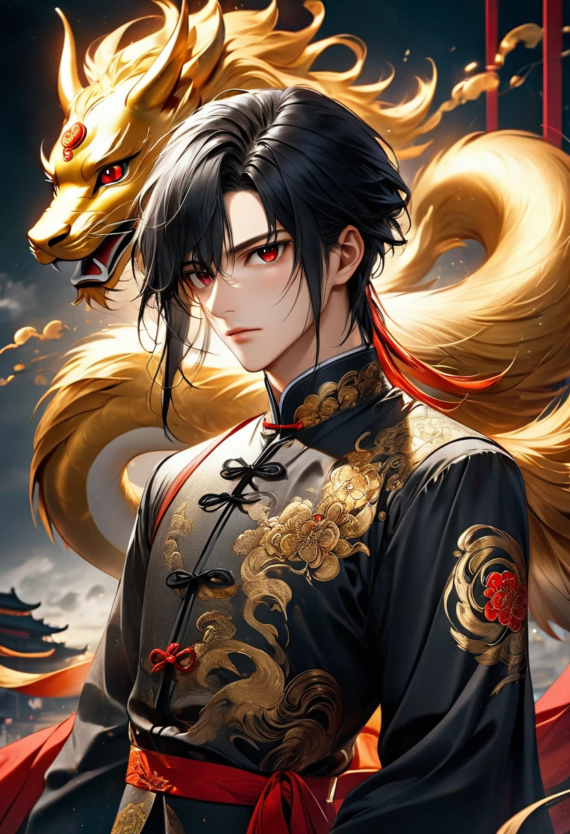 a young man with black hair and red eyes, wearing a chinese style suit with a golden tail, detailed face and eyes, extremely detailed, 1 man, high quality, 8k, photo-realistic, cinematic lighting, fantasy, digital art, dramatic colors, moody atmosphere