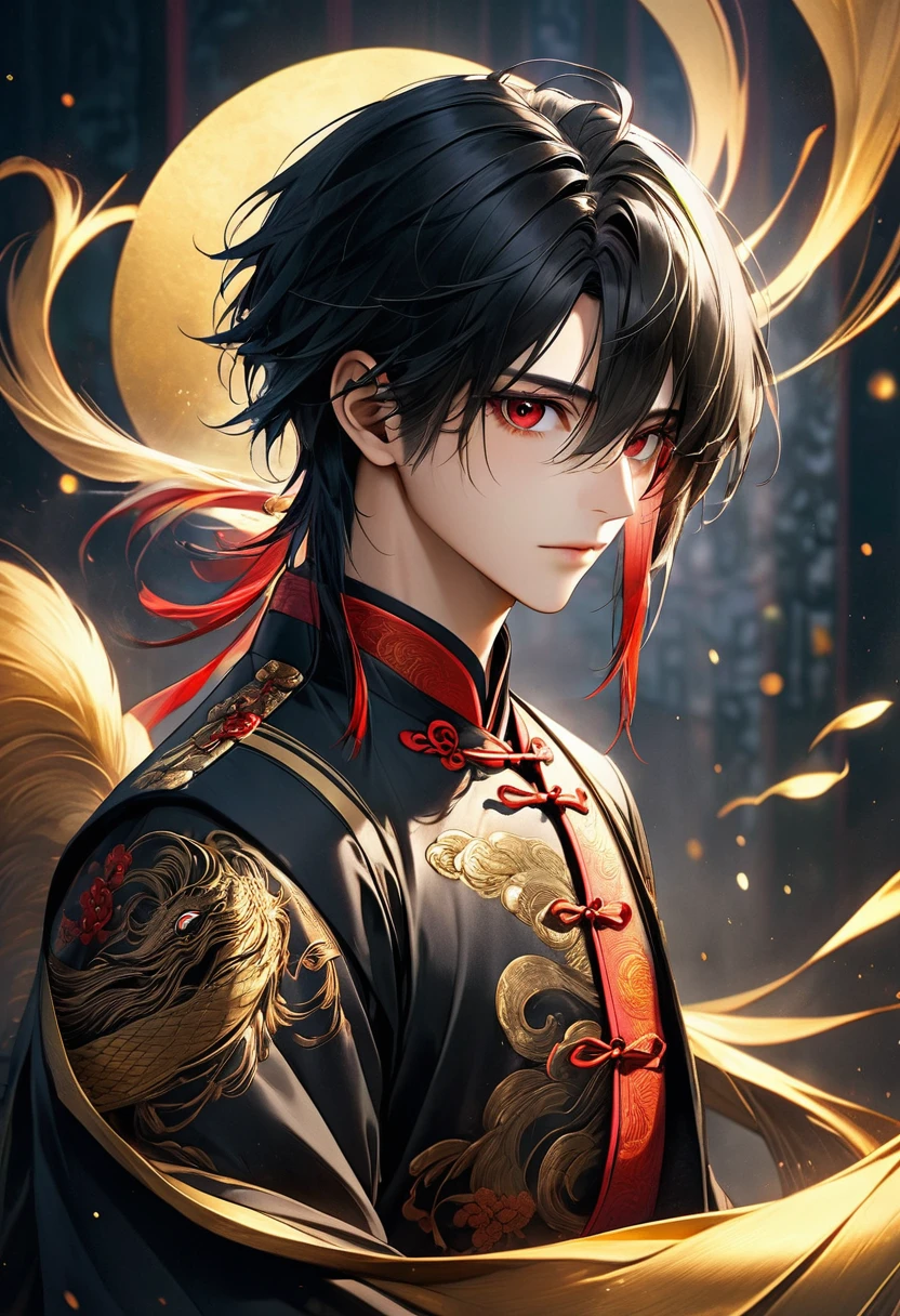 a young man with black hair and red eyes, wearing a chinese style suit with a golden tail, detailed face and eyes, extremely detailed, 1 man, high quality, 8k, photo-realistic, cinematic lighting, fantasy, digital art, dramatic colors, moody atmosphere