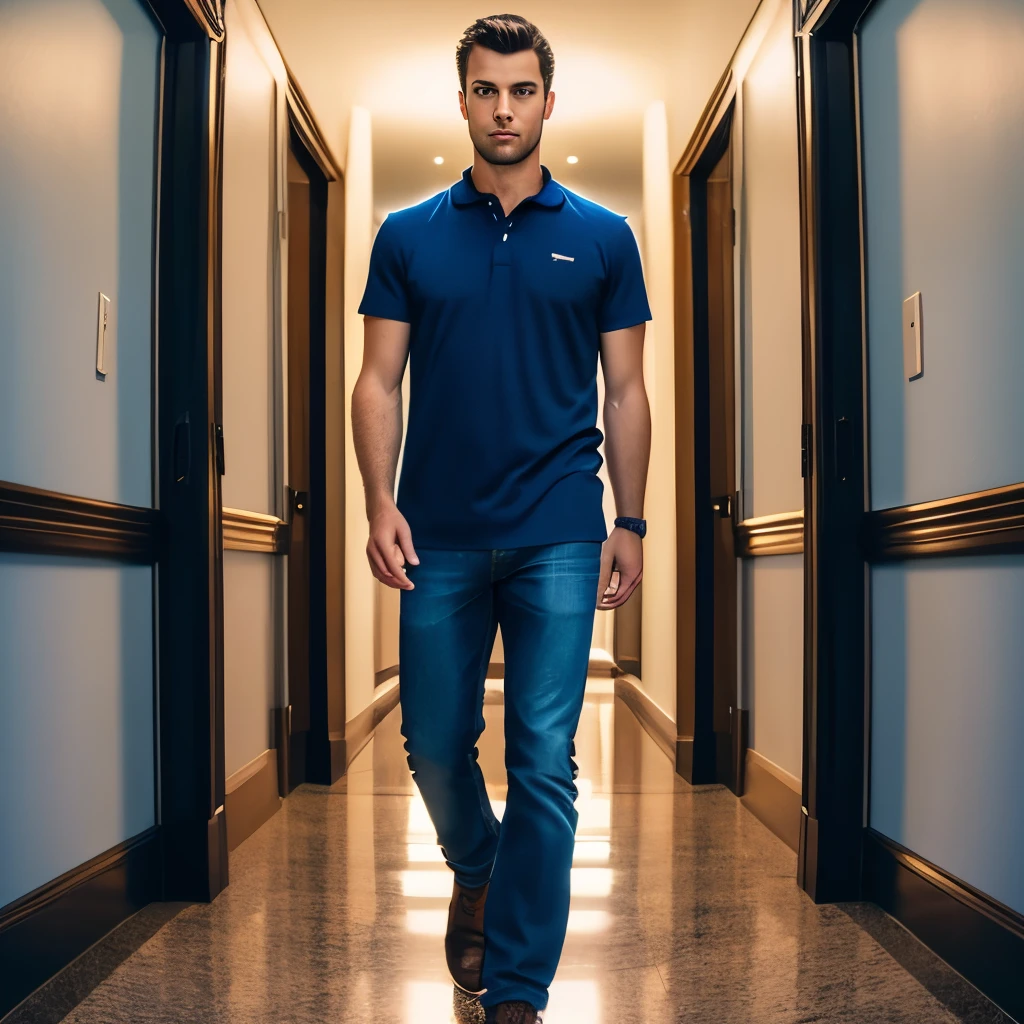 Portrait of handsome Caucasian man in the hallway, Night, Blue shirt, Brown hair