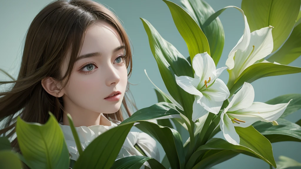 32k, Masterpiece, Highest quality, One girl, Brown Hair, Detailed eyes, flower,Amaryllis, Blue and green style,A dreamy, romantic piece,Pale green, Mysterious Leaves,A playful arrangement,Fantasy,High Contrast,Ink strokes,explosion,Exposure, Impression of blue and green tones,Abstract, Brush strokes,Negative Space, Tyndall effect, White background